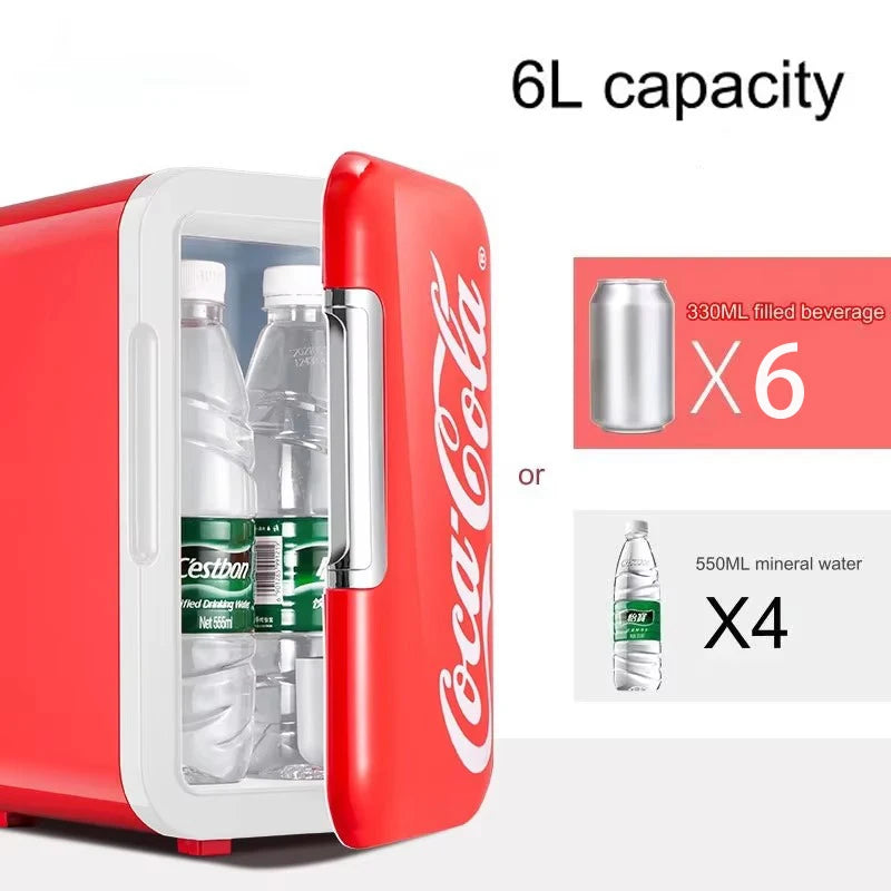 6-Liter-Minikühlschrank Coca-Cola, multifunktionaler Kosmetik-Schlafsaal-Wärmer-Kühler-Kühlschrank für Zuhause, Auto, kleiner tragbarer Kühlschrank, 12 V/220 V